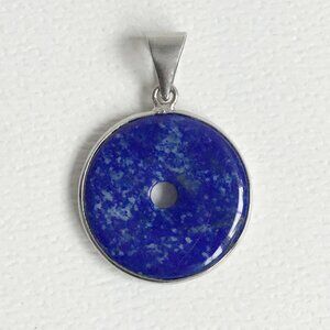 Blue Stone Donut Round Bezel Set Silver Tone Pendant